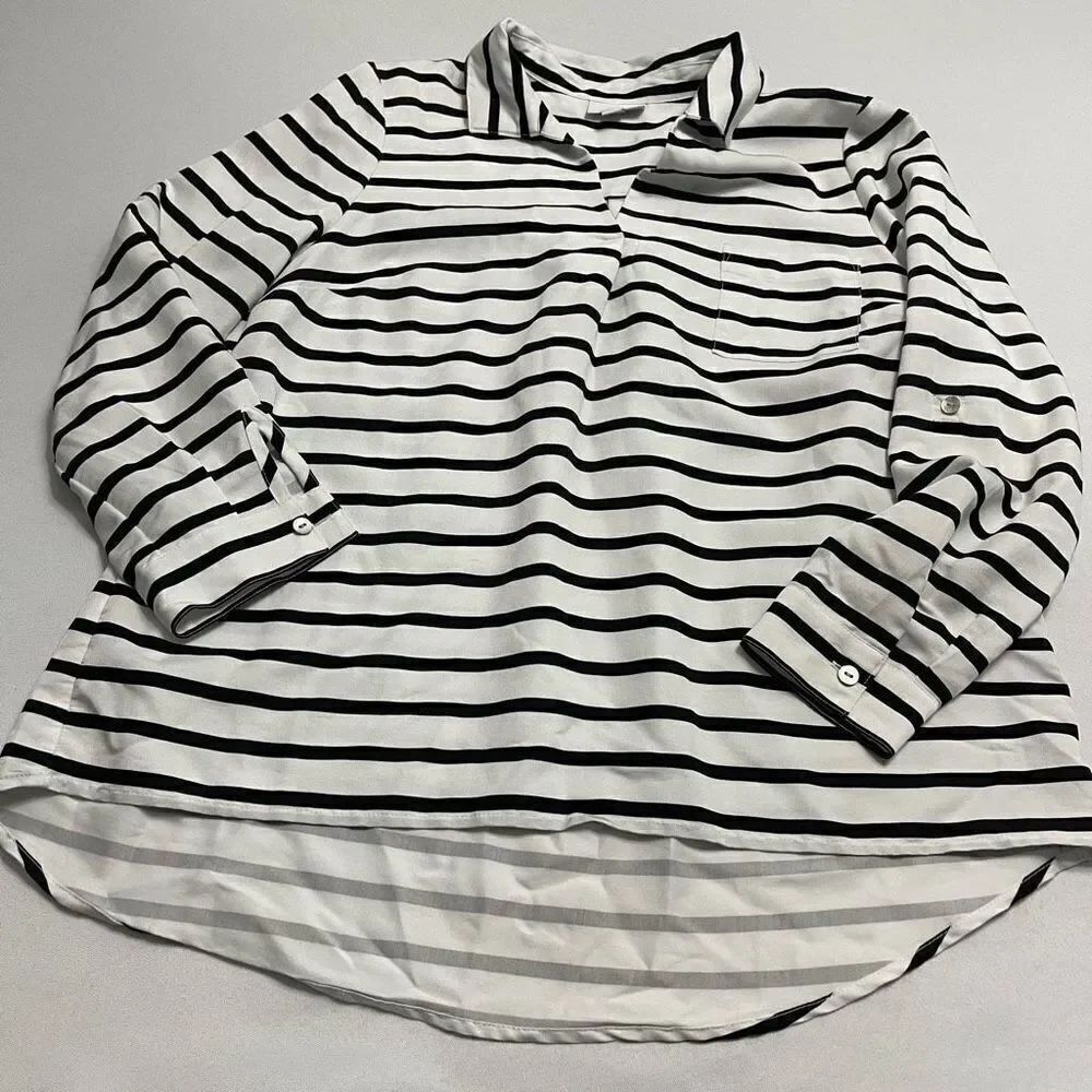 J. Jill White Black Stripe Popover Stripe Tunic Top Blouse Size MP Medium Petite
